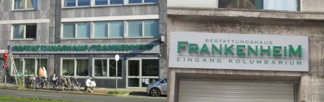 Bestattungshaus Frankenheim, Düsseldorf - LED-Schattenschrift - Profilbuchstaben kombiniert mit angepasster LED-Ausleuchtung. Ähnliche Werbeblenden in Köln und Remscheid